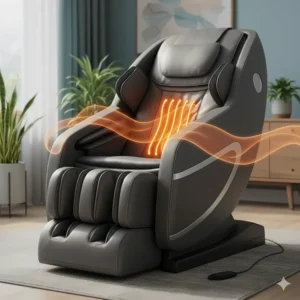 Illustration of a massage chair for back pain featuring built-in heat therapy for lower back muscle relaxation.
