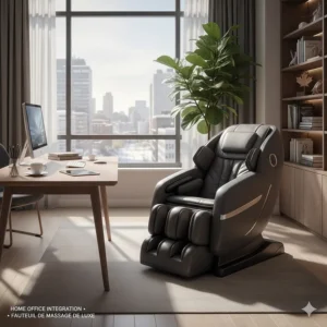 Stylish luxury massage chair placed in a professional Canadian home office setting / fauteuil de massage de luxe.