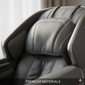 Close-up of premium vegan leather upholstery on a high-end luxury massage chair.
