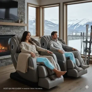 Muscle recovery benefits of a luxury massage chair after a day of skiing in Whistler or Mont-Tremblant.