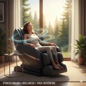 A peaceful Canadian professional using a luxury massage chair for mental wellness and stress reduction.