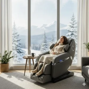 A person relaxing in a luxury massage chair to warm up during a cold Canadian winter.