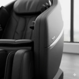 High-quality black synthetic leather upholstery on a premium L-track massage chair.