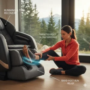 Illustration of a marathon runner using foot and calf rollers in a massage chair for rapid post-run recovery.