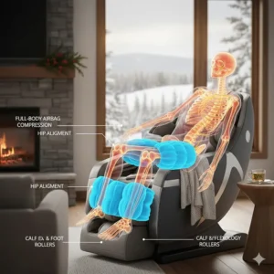 Illustration of full-body airbag compression in a massage chair to help with hip alignment and sciatic nerve pressure.