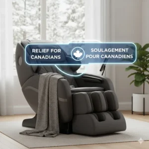 Graphic featuring a massage chair for back pain with bilingual text: "Relief for Canadians / Soulagement pour les Canadiens."