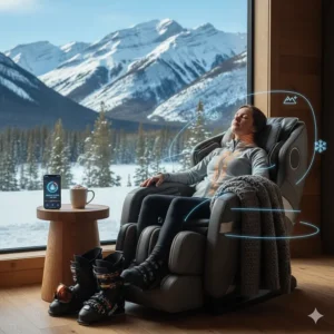 A person relaxing in a massage chair after skiing, with the Canadian Rockies in the background, showcasing muscle recovery benefits.