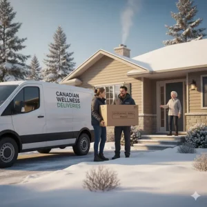 A delivery van arriving at a suburban Canadian home to deliver a new massage chair for an elderly resident.