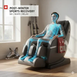 A stylized graphic showing a Canadian athlete using a massage chair for recovery after skiing or skating.