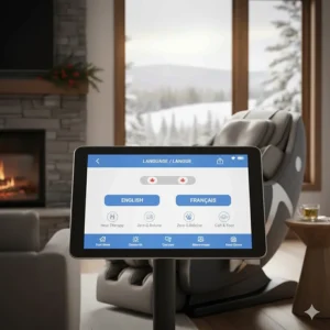 Close-up of a massage chair remote control featuring a bilingual English and French interface for Canadian users.