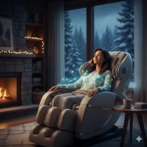 Illustration of a person relaxing in a body scan massage chair, highlighting mental wellness and stress relief during dark Canadian winters.