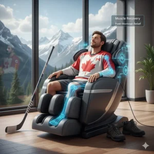 Illustration of a Canadian athlete using a body scan massage chair for post-workout recovery after hockey or hiking.