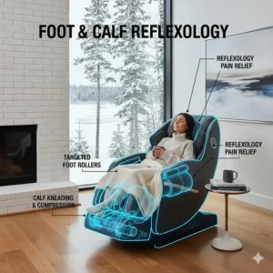 Illustration of the specialized foot rollers and calf kneading tech in a zero gravity massage chair for reflexology-based pain relief.