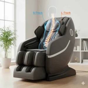 Technical illustration of S-Track and L-Track rollers in a massage chair for targeted back pain therapy from neck to glutes.