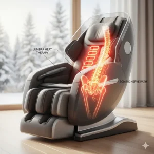 Illustration of a massage chair with integrated lumbar heat therapy to soothe sciatic nerve pain and muscle stiffness.