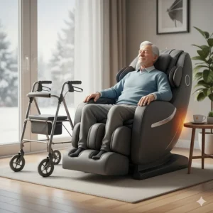 A Canadian senior experiencing comfort and mobility support using a specialized massage chair for back pain.