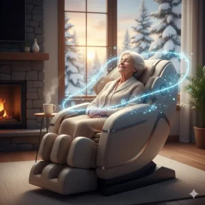 An illustration depicting the stress-relief and relaxation benefits of a massage chair for seniors during the short days of winter.