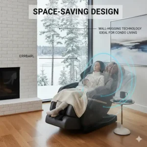 Diagram showing the wall-hugging technology of a zero gravity massage chair, designed to fit small Canadian urban living spaces.