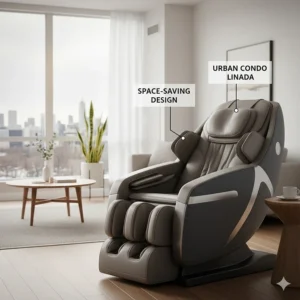 A wall-hugging, space-saving massage chair for sciatica relief, ideal for modern Canadian apartments and urban condos.