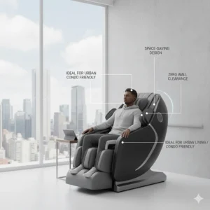 Illustration of a space-saving massage chair design for athletes living in modern Canadian urban apartments or condos.