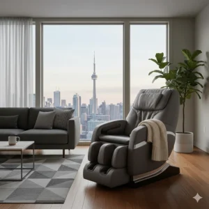Photorealistic massage chair in a modern Toronto condo with the CN Tower visible in the skyline, representing the best massage chair for urban living.