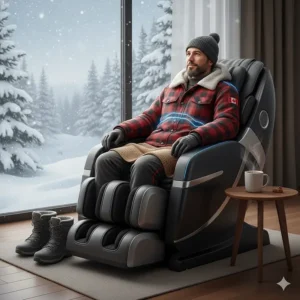 Illustration of a Canadian user warming up in a body scan massage chair after a day of shoveling snow or skiing.