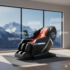 4D massage chair in zero-gravity position, highlighting spinal decompression technology for back pain relief.
