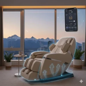 Illustration of the zero-gravity reclining feature on a smart massage chair for Canadian wellness.