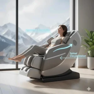 Illustration of the zero-gravity recline feature on a body scan massage chair for improved circulation and spinal decompression.
