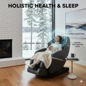 Illustration of a person relaxing in a zero gravity massage chair to reduce stress and improve sleep quality, a key part of a Canadian self-care routine.