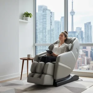 Space-saving L-track massage chair in a compact Toronto high-rise condo layout.