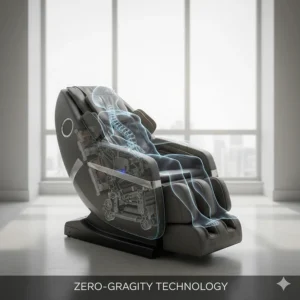 Technical illustration of a luxury massage chair in zero-gravity position for spinal relief.
