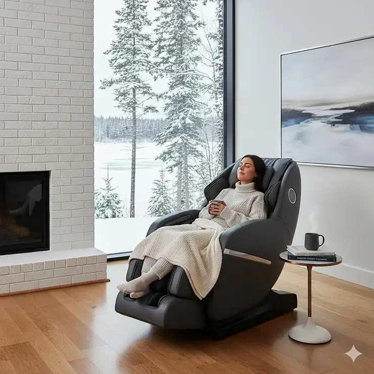 A premium black zero gravity massage chair positioned in a modern Canadian home with a snowy forest view, emphasizing winter relaxation and home wellness.