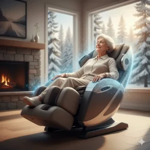 Illustration of a zero-gravity massage chair helping a senior user improve circulation and heart health at home.