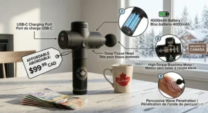 Bilingual price comparison and value proof illustration for an affordable rechargeable massager under $100 CAD. | Illustration bilingue de comparaison de prix et de preuve de valeur pour un masseur rechargeable abordable à moins de 100 $ CAD.