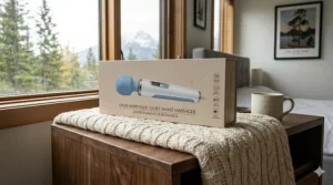 Illustration of massager packaging with bilingual English and French text for the Canadian market.