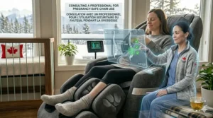 An illustration showing a professional consultation with a digital overlay on the safety of a pregnancy safe massage chair.