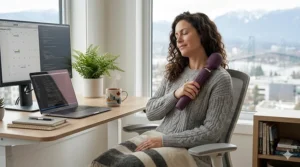 A woman in a Vancouver home office using a cordless wand massager for shoulder tension relief during a remote work break.