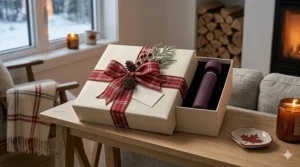 A purple cordless wand massager in a high-end gift box with a plaid ribbon, perfect for a Canadian holiday gift.