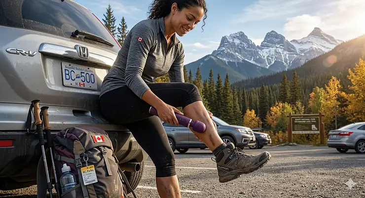 A hiker using a cordless wand massager for leg recovery next to a car with BC plates in Banff National Park.