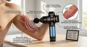 Deep tissue percussion wave penetration diagram for an affordable rechargeable massager under $100 in Canada. | Diagramme de pénétration de l'onde de percussion des tissus profonds pour un masseur rechargeable abordable à moins de 100 $ au Canada.