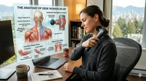 Digital illustration of a worker taking a wellness break with a handheld percussion massager at their desk during a Canadian workday.