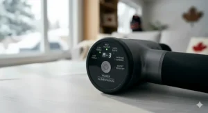 Close-up illustration of a massager interface showing intuitive power settings with bilingual English and French labels.