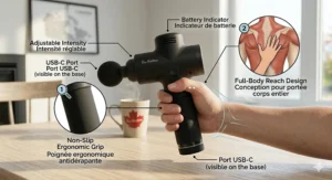 Close-up technical illustration of an ergonomic non-slip grip on a rechargeable massager for targeted muscle relief. | Illustration technique de près d'une poignée ergonomique antidérapante sur un masseur rechargeable pour un soulagement musculaire ciblé.
