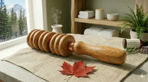 Close-up of the ergonomic grip and detailed wood grain on a wooden massage roller designed for deep tissue therapy and ease of use.