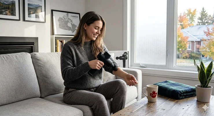 Photorealistic featured image of an affordable rechargeable massager under $100 used in a cozy Canadian home setting with natural light. | Image vedette photoréaliste d'un masseur rechargeable abordable à moins de 100 $ utilisé dans un foyer canadien chaleureux avec lumière naturelle. affordable rechargeable massager Canada under $100