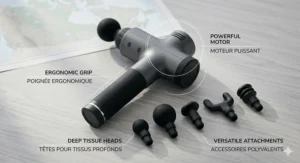 Detailed diagram of a rechargeable handheld massager highlighting its ergonomic grip and deep tissue attachment heads.