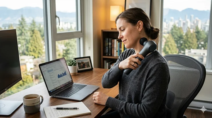 A Canadian remote professional using a handheld percussion massager for desk workers to relieve neck tension in a modern home office.