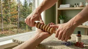 Handheld view of a wooden massage roller demonstrating the portable size and tactile quality for Canadian hikers and travelers.
