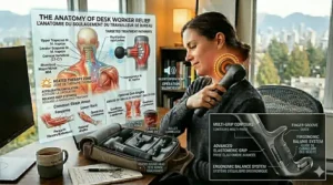 Illustration of the heat therapy function on a handheld percussion massager, providing warmth and circulation for desk workers in Canada.